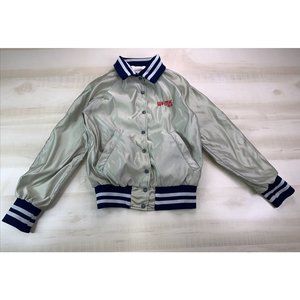 Vintage 80s 90s Silver Satin Snap Front WFMK 99/FM Lansing Michigan Radio Jacket